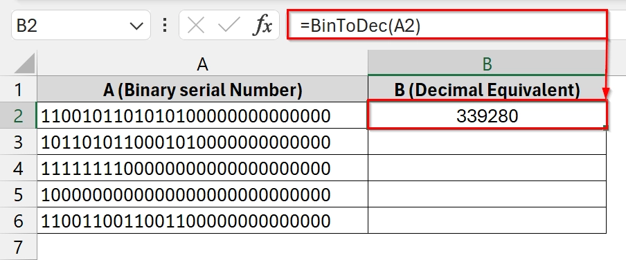 Applying a Custom VBA Function to Convert Binary to Decimal in Excel