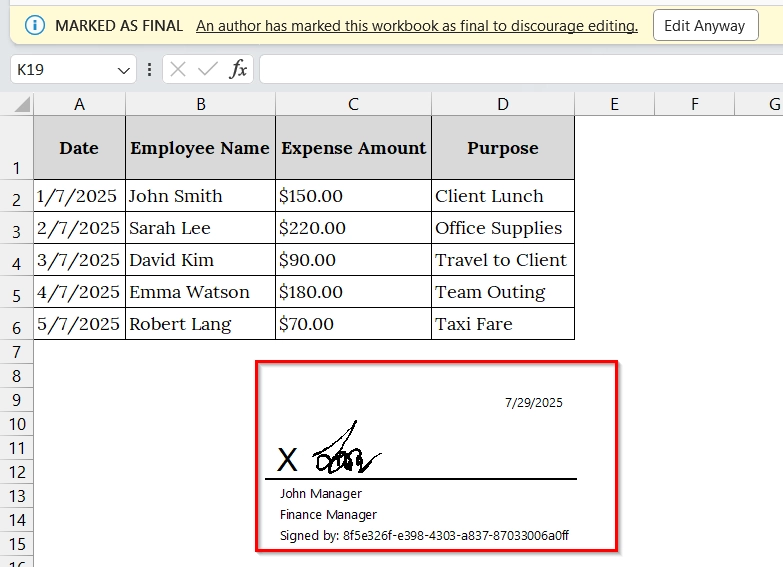 Sign with a Signature Line and a Visible Signature as Digital Signature in Excel