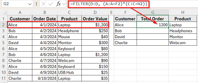 Lookup Multiple Values with Multiple Criteria Using FILTER