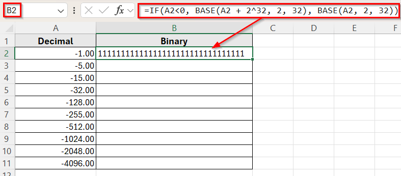 Converting Negative Numbers by Combining IF and BASE Function