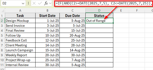 Check If a Task Falls Between Two Dates