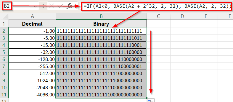 Converting Negative Numbers by Combining IF and BASE Function