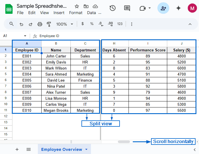 Split Screen By Freezing Rows or Columns