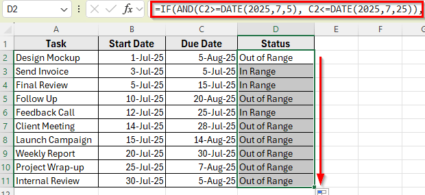 Check If a Task Falls Between Two Dates