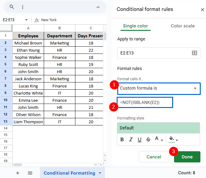 Applying Conditional Formatting to Visually Highlight Non Empty Cells