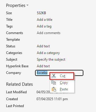 Clear Document Properties with Excel's File Properties