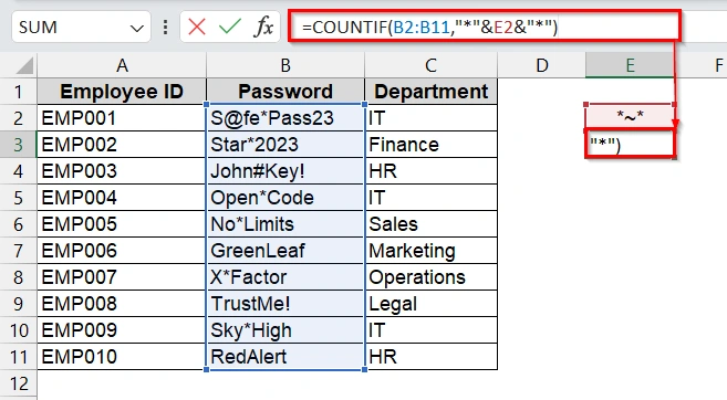 Use of COUNTIF function to Count Cells Containing Wildcard Characters