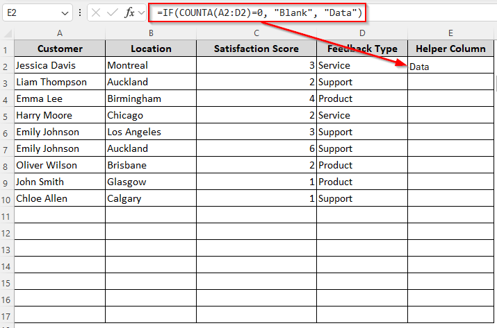 Applying the IF and COUNTA Functions to Clear Blank Rows