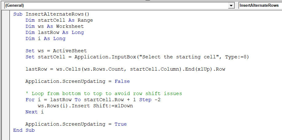 Insert Alternate Rows from a Specific Cell