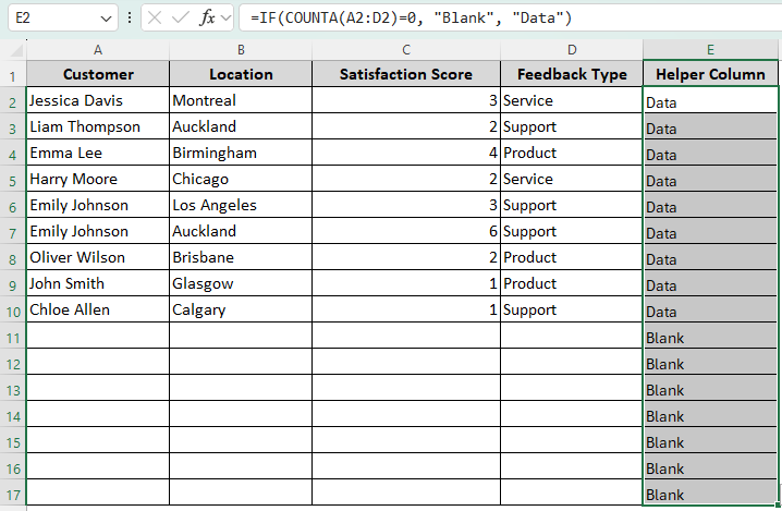 Applying the IF and COUNTA Functions to Clear Blank Rows