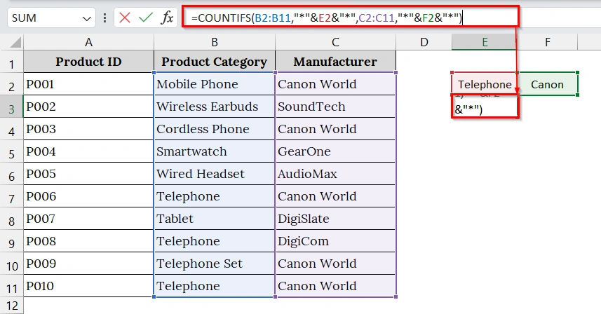 Using COUNTIFS to Count Cells With Partial Matches