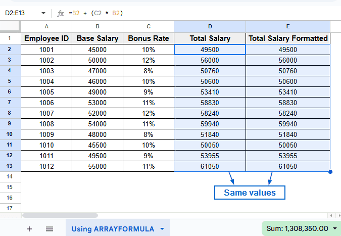 Copy Formula Using ARRAYFORMULA Function