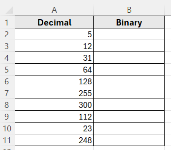 Using Excel Built-In DEC2BIN Function