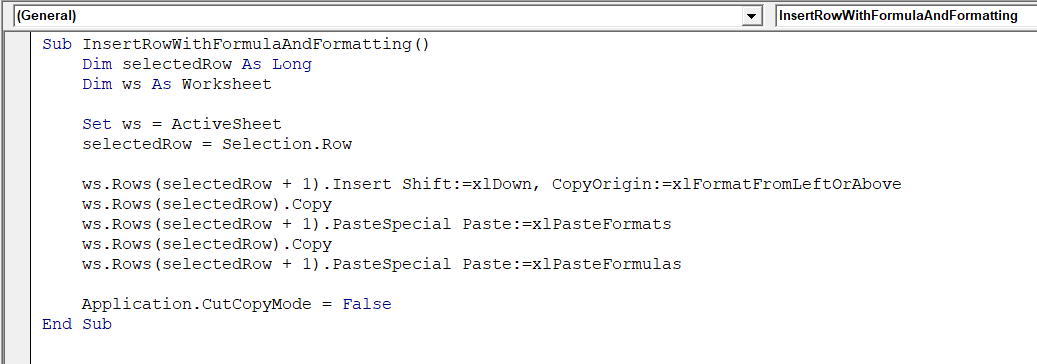 Insert Row with Formula and Formatting