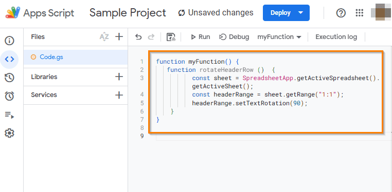 Rotate Header Text Using Google Apps Script