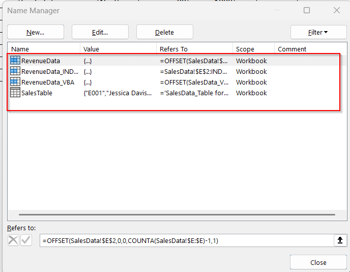 Editing or Deleting Dynamic Named Ranges in Excel