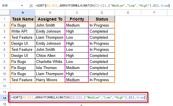 Sorting in Specific Order Using ARRAYFORMULA Function