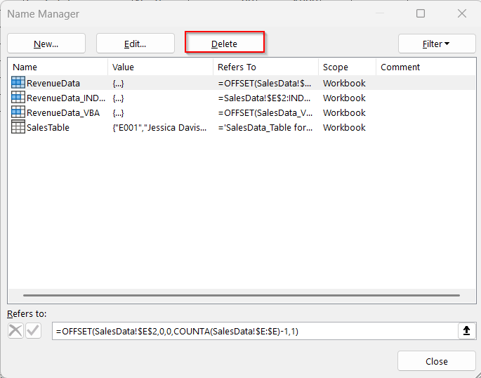 Editing or Deleting Dynamic Named Ranges in Excel