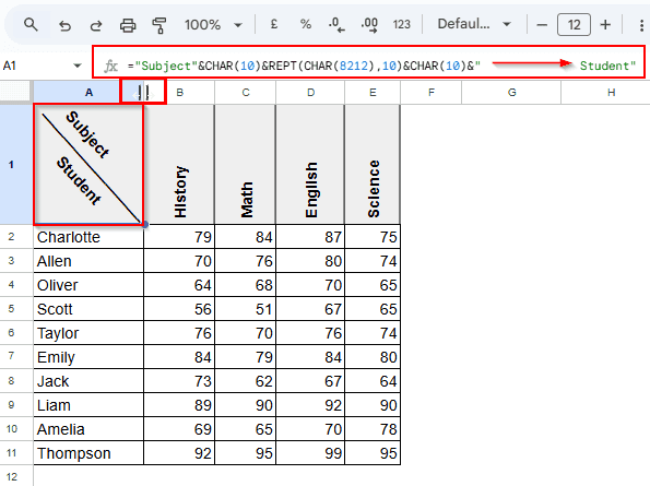 Rotate Text Using a Formula to Subdivide a Cell
