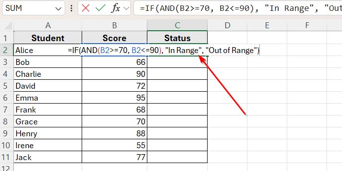 Using IF with AND Functions to Check If a Value Falls Between Two Numbers