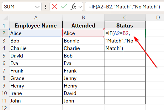 Use IF Function to Compare Two Columns and Return a Value