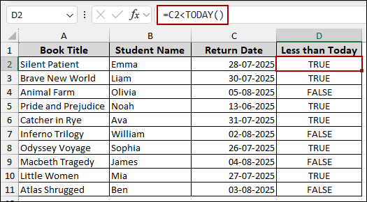 Using TODAY Function to Display TRUE/FALSE Based on Return Date