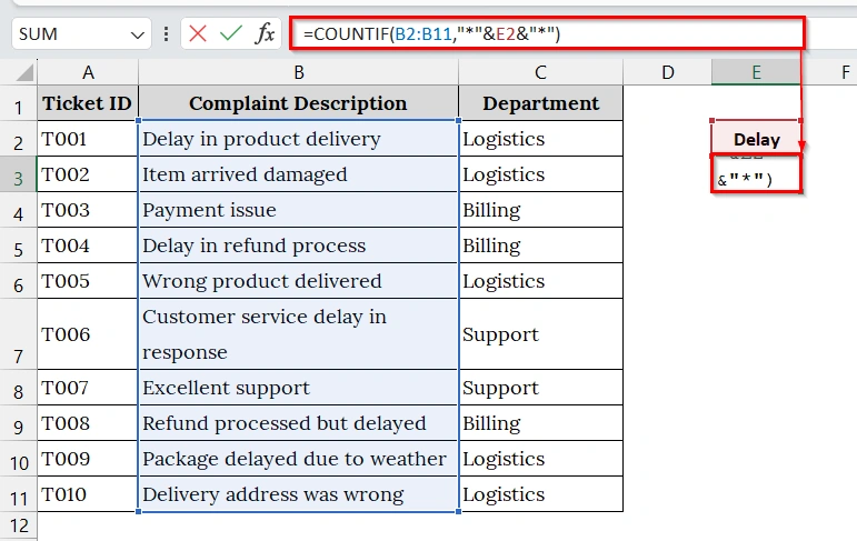 Use COUNTIF Function to Count Partial Match in Excel