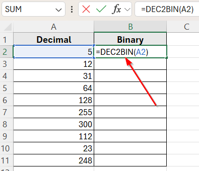 Using Excel Built-In DEC2BIN Function