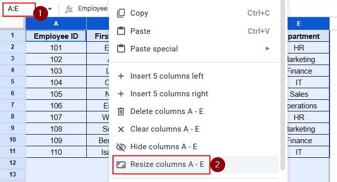 Using the Resize Option from the Context Menu Bar