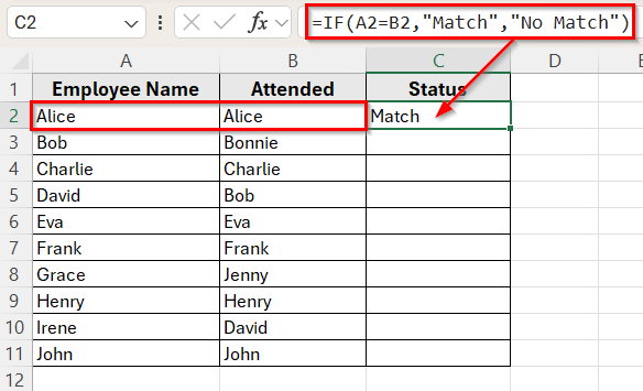 Use IF Function to Compare Two Columns and Return a Value