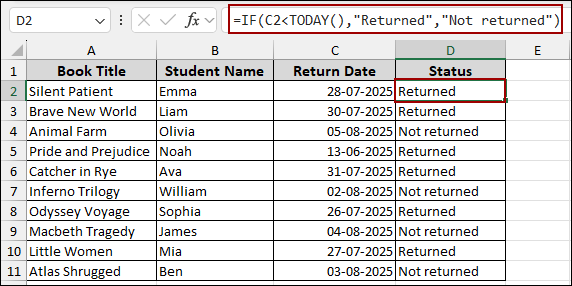 Applying IF Function to Show Returned or Not Returned