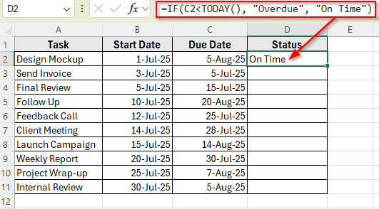 Using IF and TODAY Function To Check If a Task Is Overdue