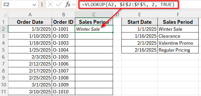 Using VLOOKUP Function with Approximate Match to Return a Value by Date Range