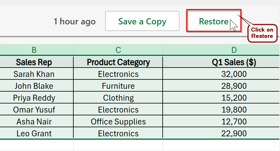 Using Version History Feature to Restore Previous Version of Excel File