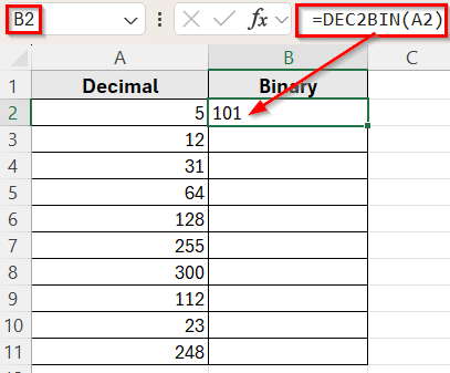 Using Excel Built-In DEC2BIN Function
