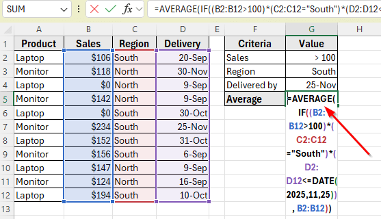 Use AVERAGE with IF for an Array Formula