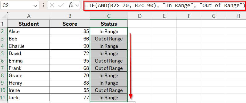 Using IF with AND Functions to Check If a Value Falls Between Two Numbers