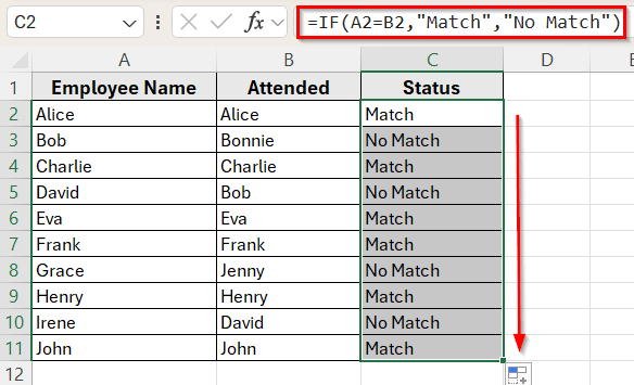 Use IF Function to Compare Two Columns and Return a Value