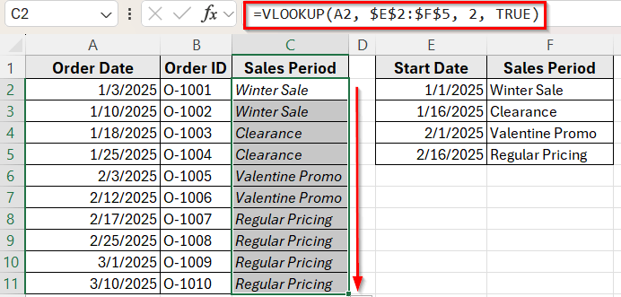 Using VLOOKUP Function with Approximate Match to Return a Value by Date Range