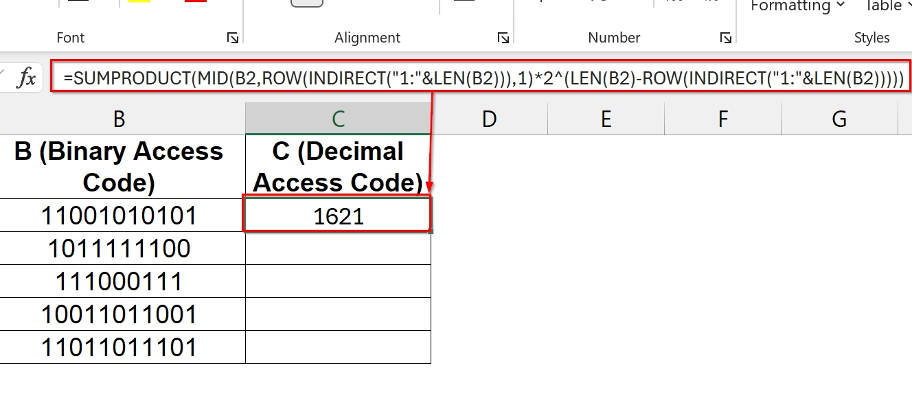 Applying  Custom SUMPRODUCT Formula to Convert binary to Decimal in Excel