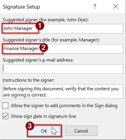Sign with a Signature Line and a Visible Signature as Digital Signature in Excel