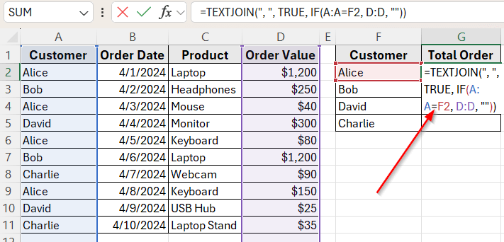 Combine TEXTJOIN with IF to Return Multiple Values in One Cell