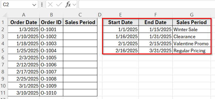 Combining INDEX and MATCH Functions to Check If a Date Falls Between Two Columns