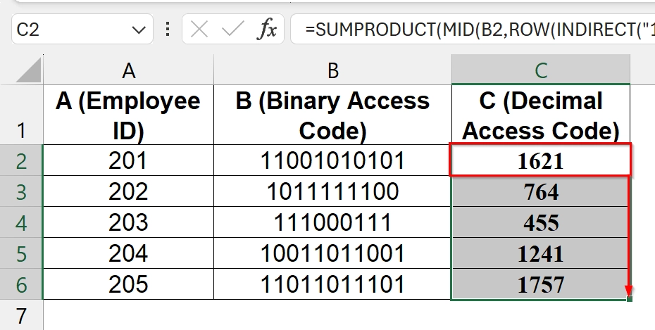 Applying  Custom SUMPRODUCT Formula to Convert binary to Decimal in Excel