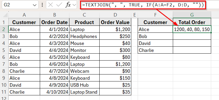 Combine TEXTJOIN with IF to Return Multiple Values in One Cell