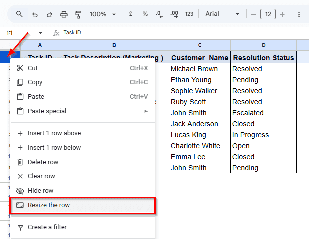 Resize Row Precisely (Using Context Menu)