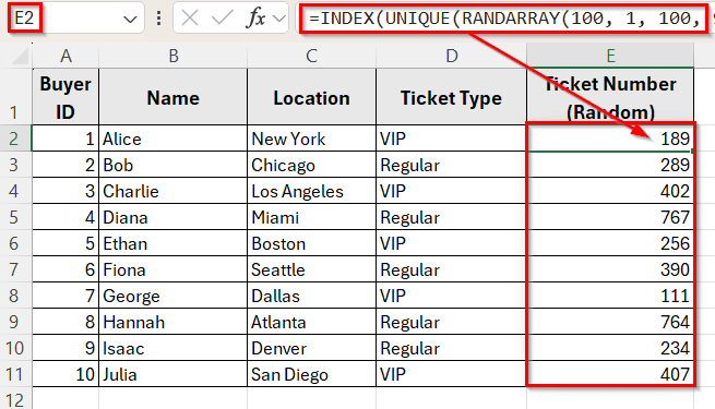 Combining INDEX, UNIQUE, and RANDARRAY to Create Unique Random Numbers in a Custom Range