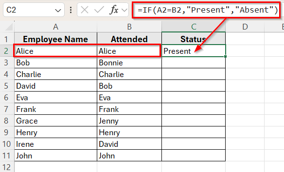 Use IF Function to Compare Two Columns and Return a Value