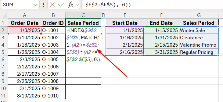 Combining INDEX and MATCH Functions to Check If a Date Falls Between Two Columns