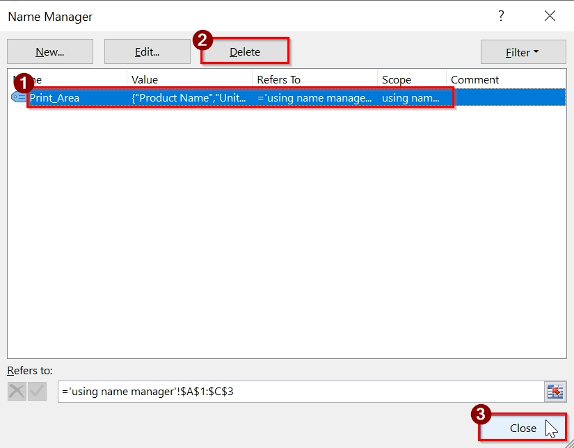 Using Name Manager to Delete “Print Area” in Excel